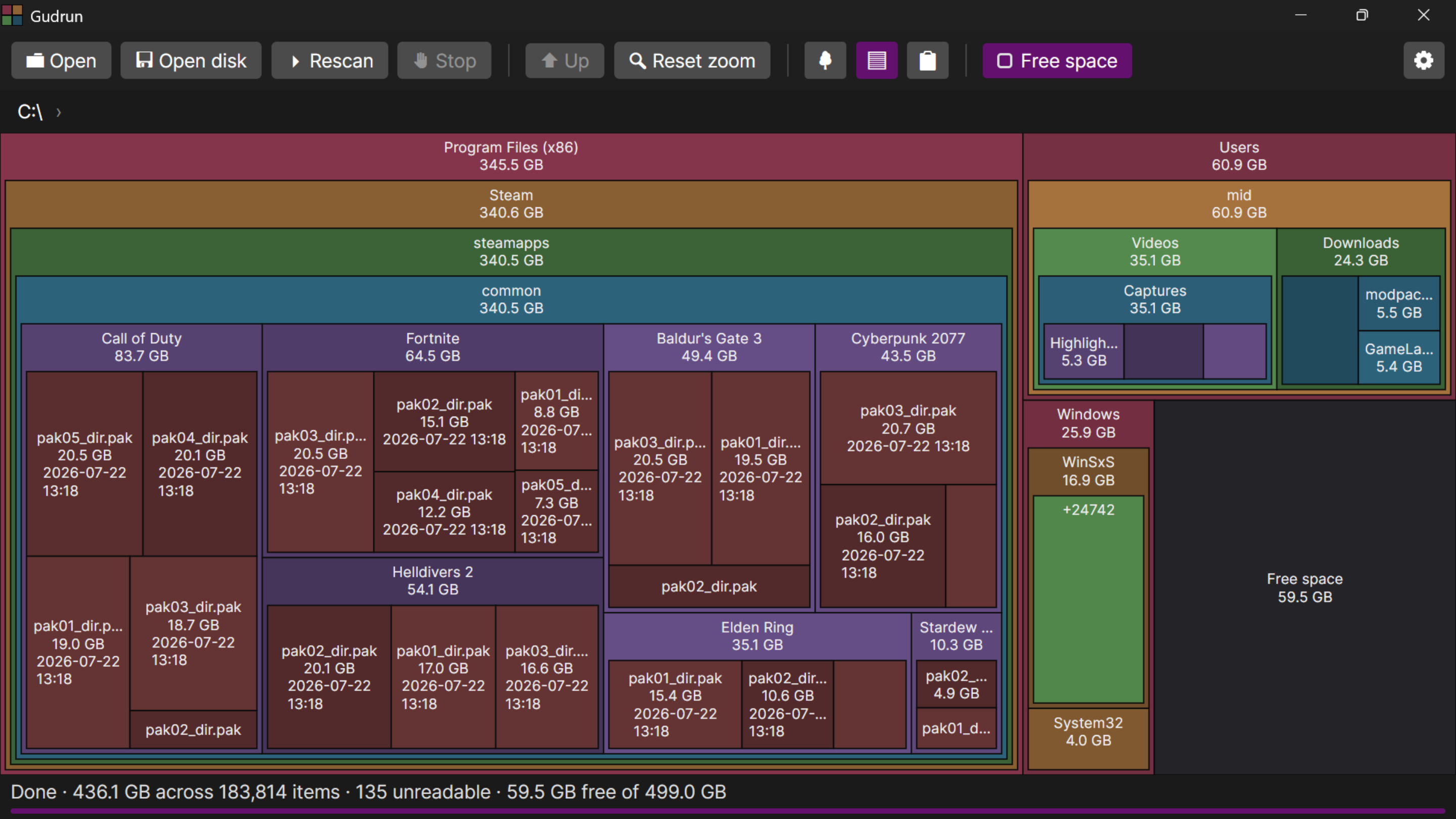 The Gudrun window after scanning C: — a treemap where every rectangle is a file, sized by bytes